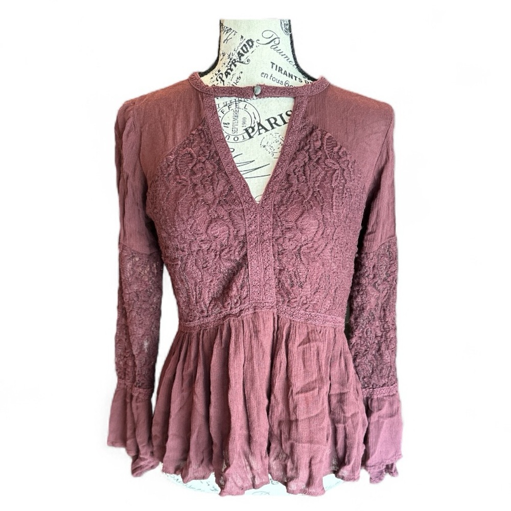 American Eagle Burgundy Lace Peplum Long Sleeve Blouse - Size Small